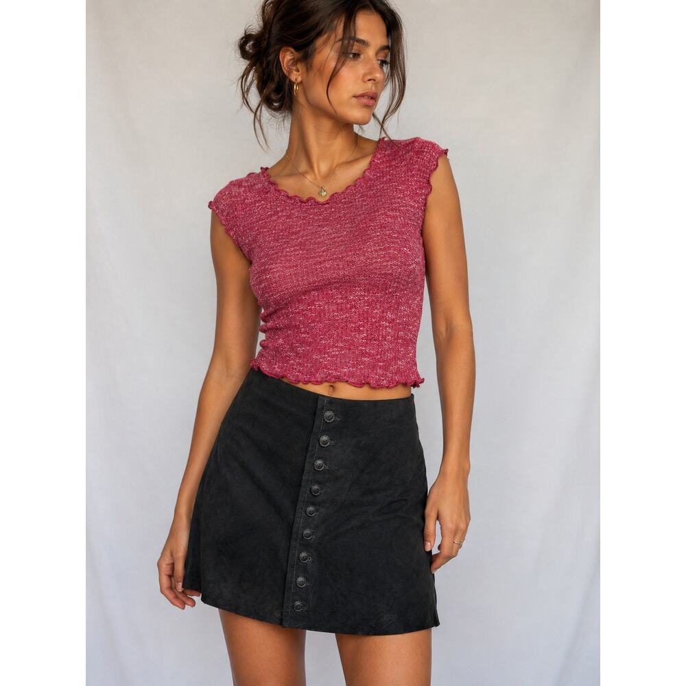 Vintage Annex Black Suede Leather Button Front Mini Skirt Size 9/10